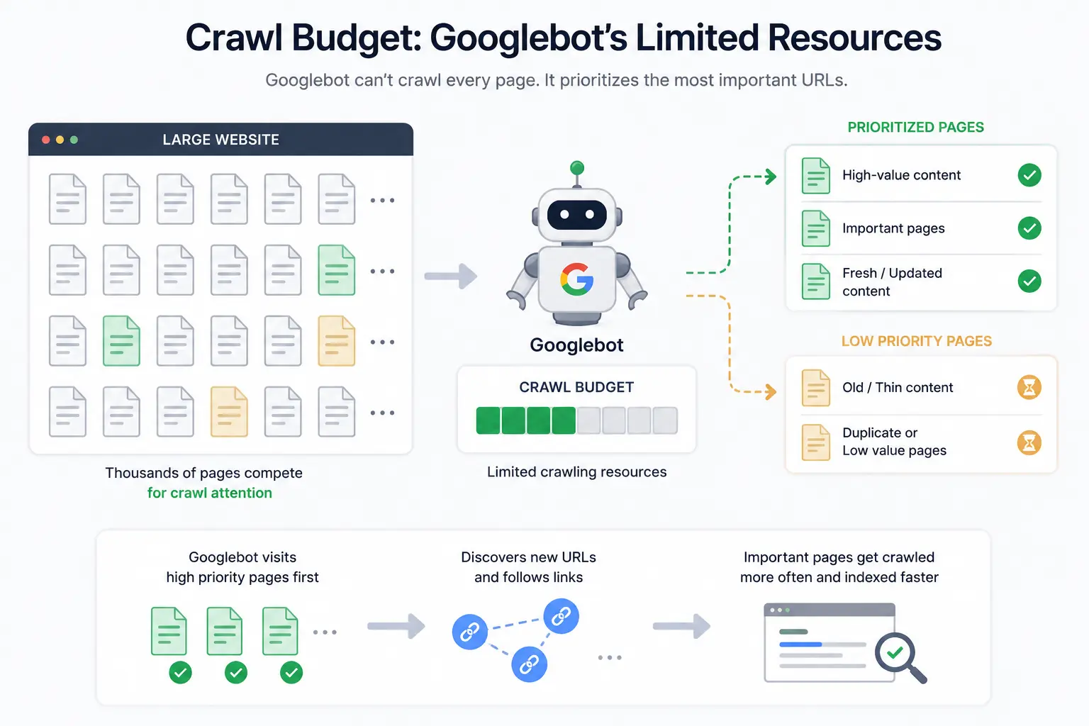 Illustration of Googlebot crawl budget management on a large website with thousands of pages, showing how search engine crawlers prioritize important URLs, allocate crawling resources, and focus on valuable content for efficient indexing.